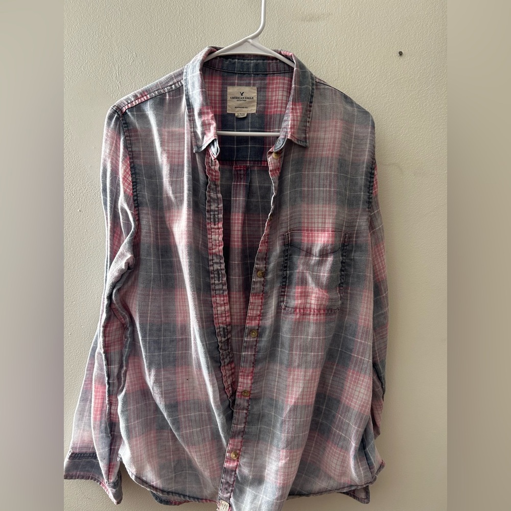 American Eagle women’s pink and black lightweight flannel, distressed, size XL